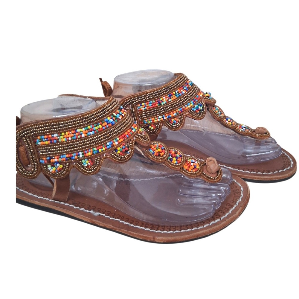 Kens Womens 8.5 Handmade Maasai Gladiator Colorful Festival Leather Thong Sandal